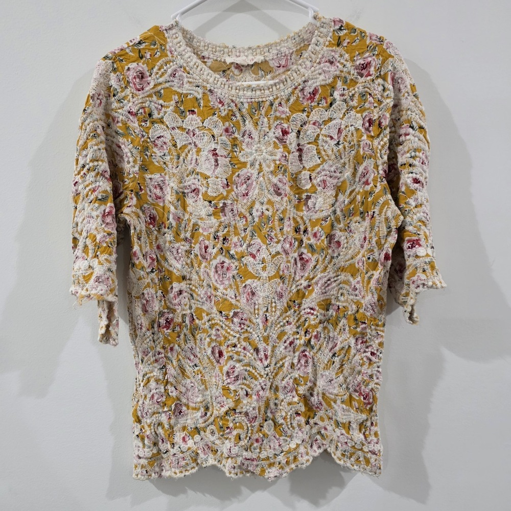 Solitaire Womens Top Size Small Floral‎ Embroidered Boho Colorful Yellow Hippie